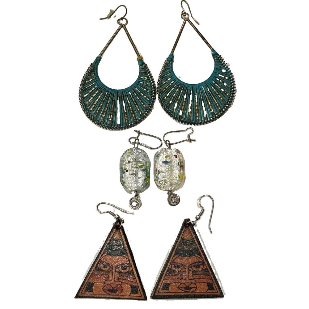 Lot of 3 Boho Artisan Statement Earrings Thread Wrapped Art Glass Tribal Style